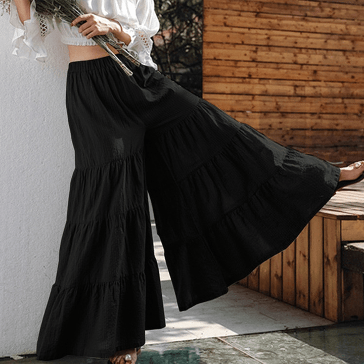 Casual Solid Elastic High Waist Pleated Stitching Wide Leg Pants for Women