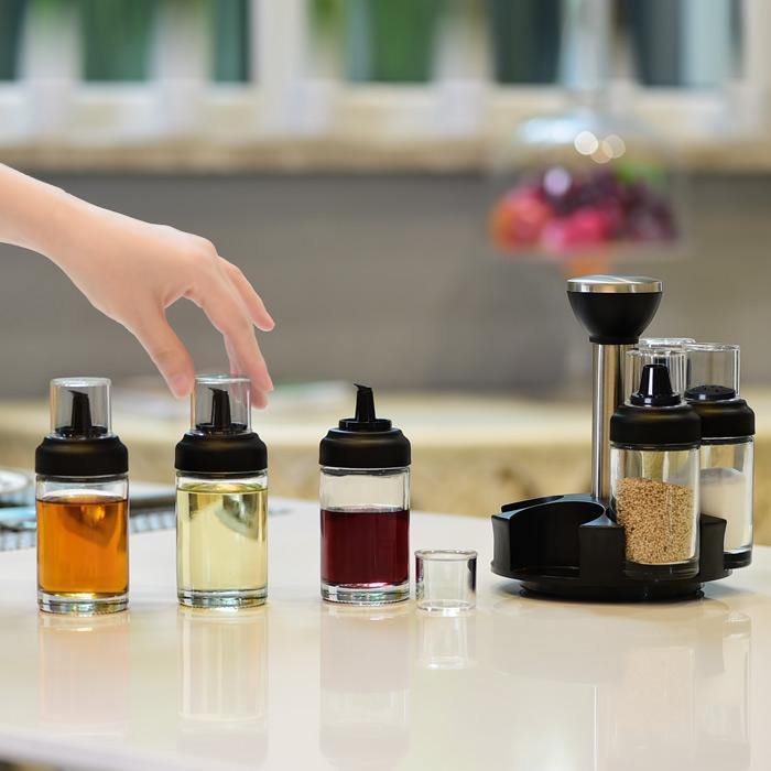 Anti-leakage Oil Bottle Pot Glass Vinegar Seasoning Salt Shaker Seasoning Bottle Pot Rotating Seasoning Box Set Kitchen Supplies