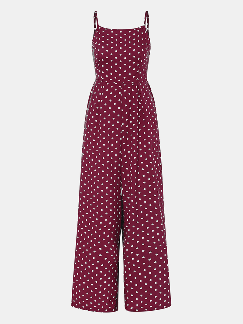 Women Polka Dot Spaghetti Strap Long Rompers Wide Leg Jumpsuit - MRSLM