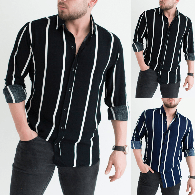 Men'S Printed Striped Lapel Business Casual Shirt