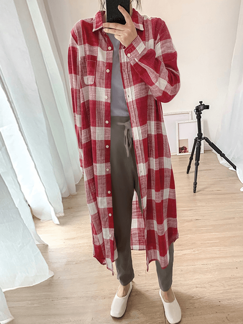 Women Plaid Commute Business Outer Wear Bottom down Front Loose Shirt Dress Cardigans