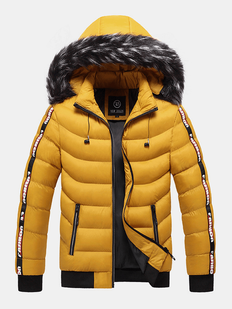 Men Letter Webbing Thick Removable Fur Hooded Zipper Pocket Solid Color down Jacket - MRSLM