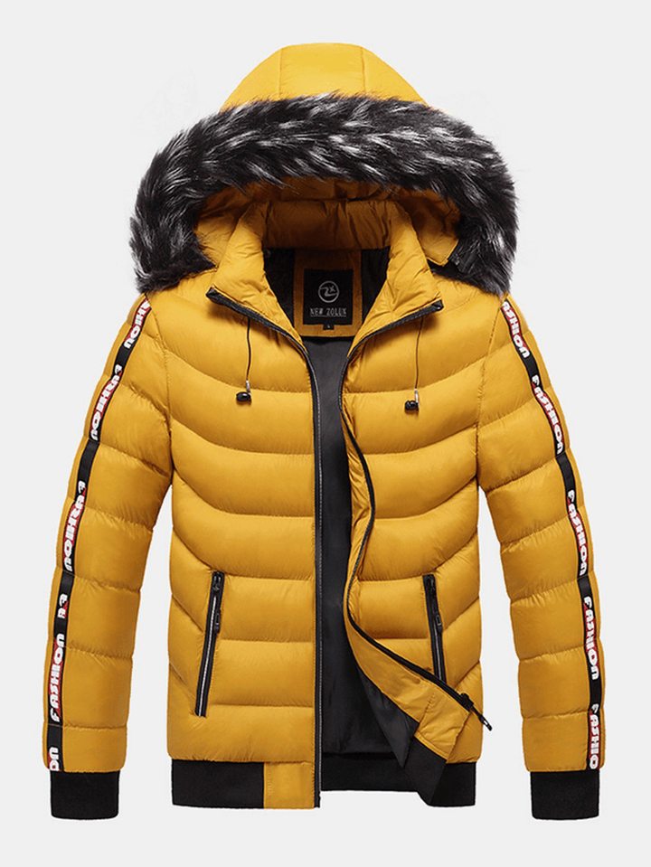 Men Letter Webbing Thick Removable Fur Hooded Zipper Pocket Solid Color down Jacket - MRSLM