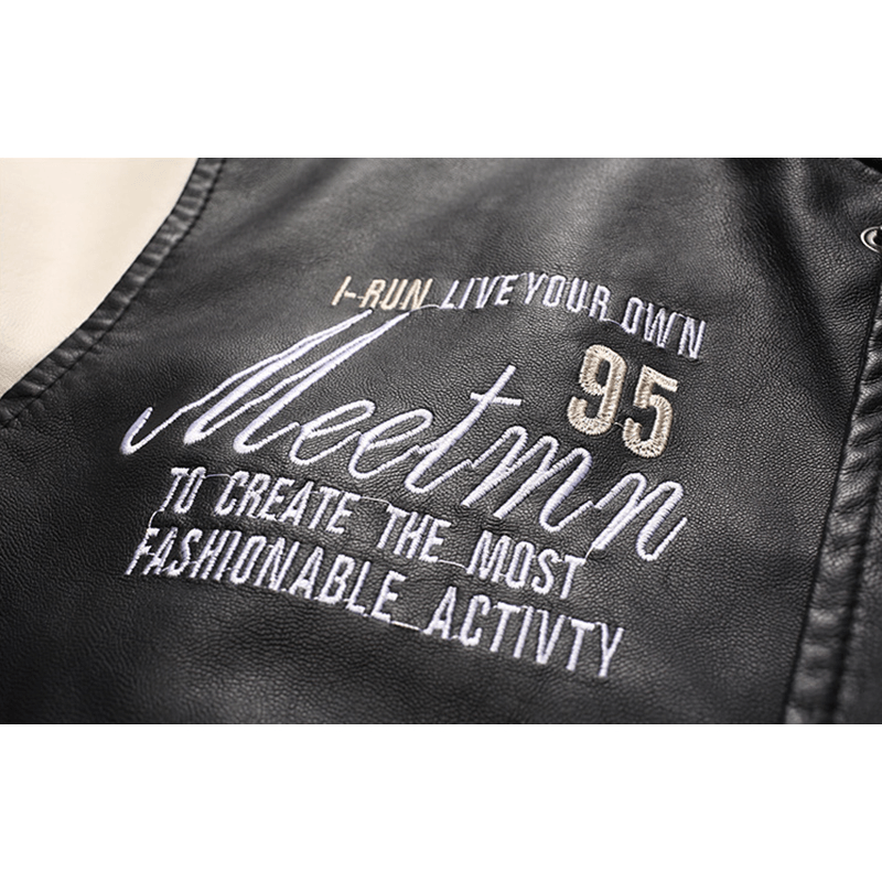 Men'S Motorcycle Style PU Leather Patchwork Badge Decoration Slim Fit Baseball Jacket