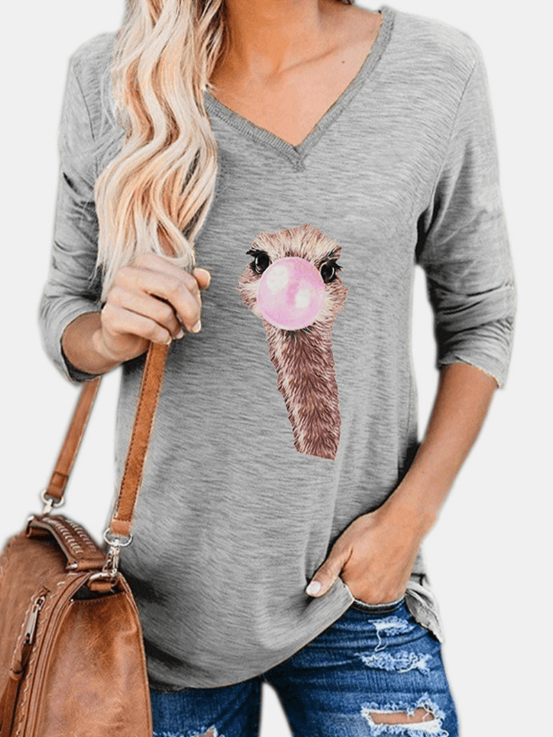 Women Cute Ostrich Animal Print V-Neck Long Sleeve Casual Blouses