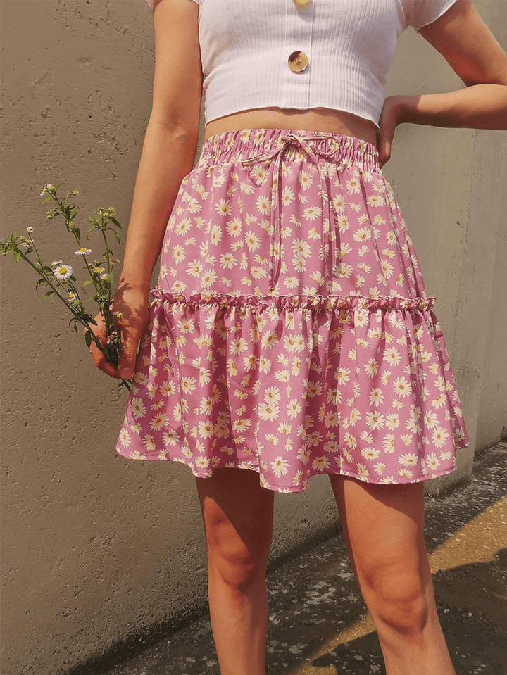 Small Daisies Print High Waist Ruffle Pleated Holiday A-Line Skirts