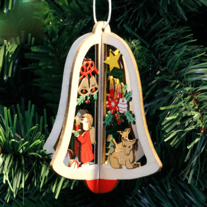 Christmas 3D Wooden Pendant Star Bell Tree Hang Ornaments Home Party Decorations Kids Gifts