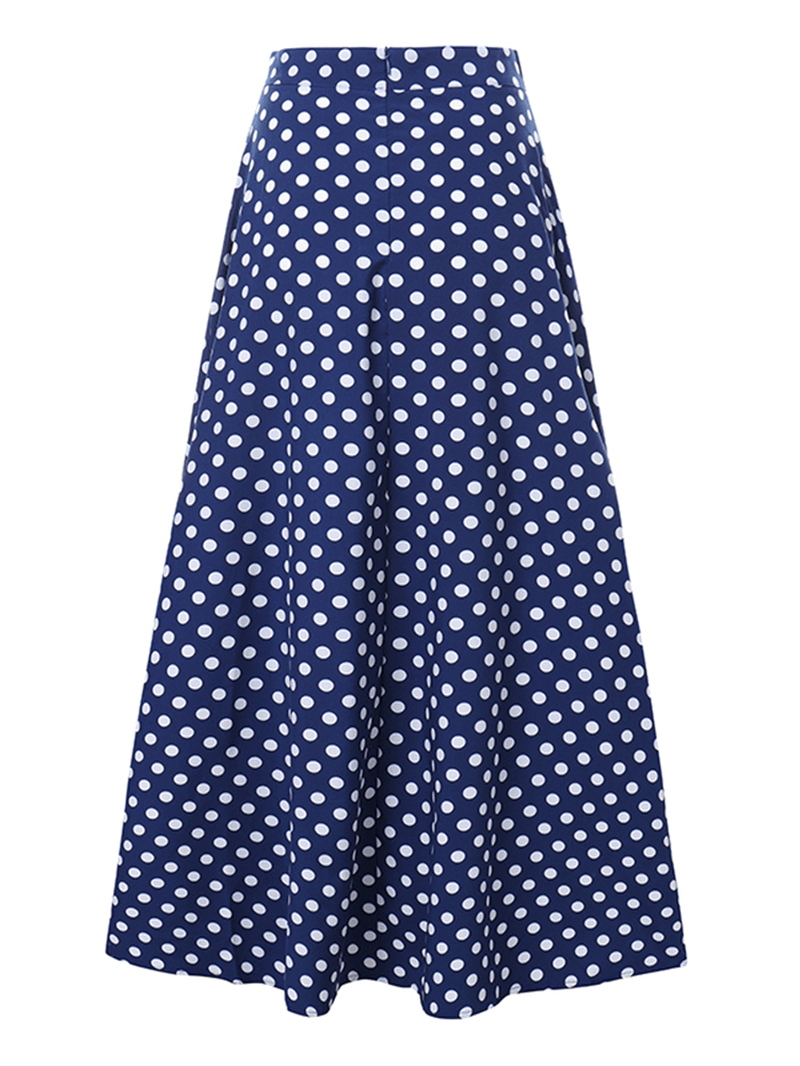 Women Polka Dot Print Loose Big Swing Side Pockets Casual Long Skirt