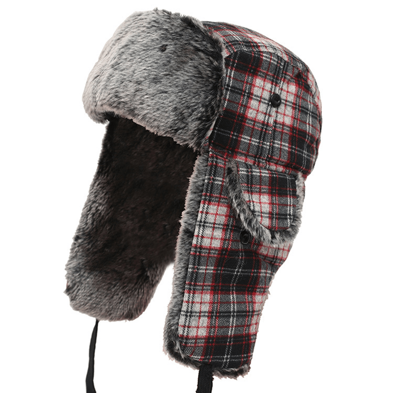 Mens Womens Plaid plus Velvet Earmuffs Ushanka Trapper Hat - MRSLM