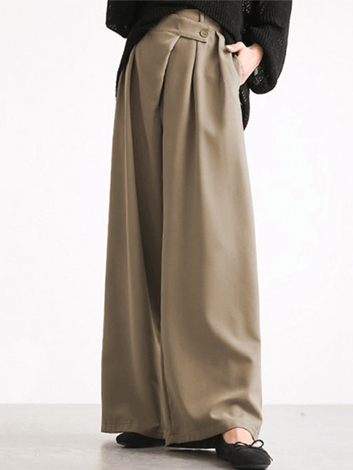 Women Casual Work Cross Button Design Wide Leg Pants