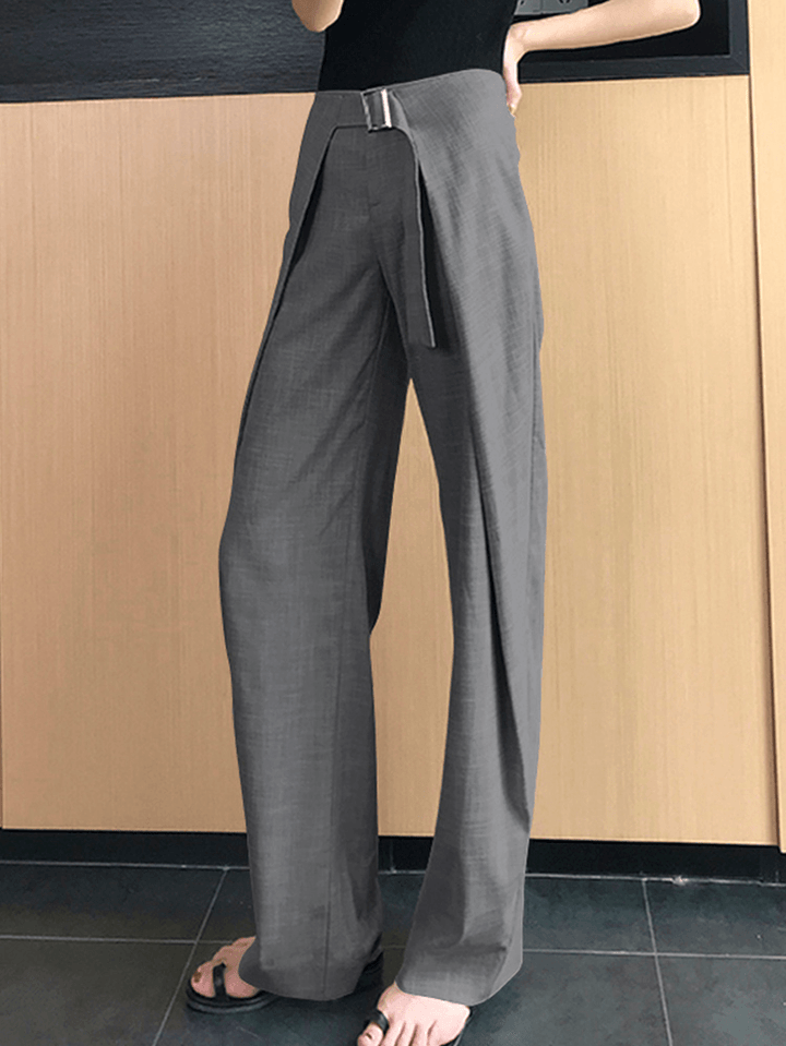 Women Solid Business Zipper Fly High Waist Wide Leg Pants with Buckle