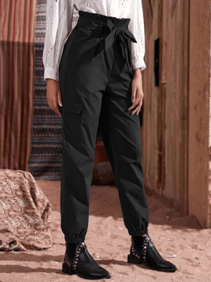 Women Solid Color Pleated Waist Lace-Up Cargo Harem Pants with Pockets