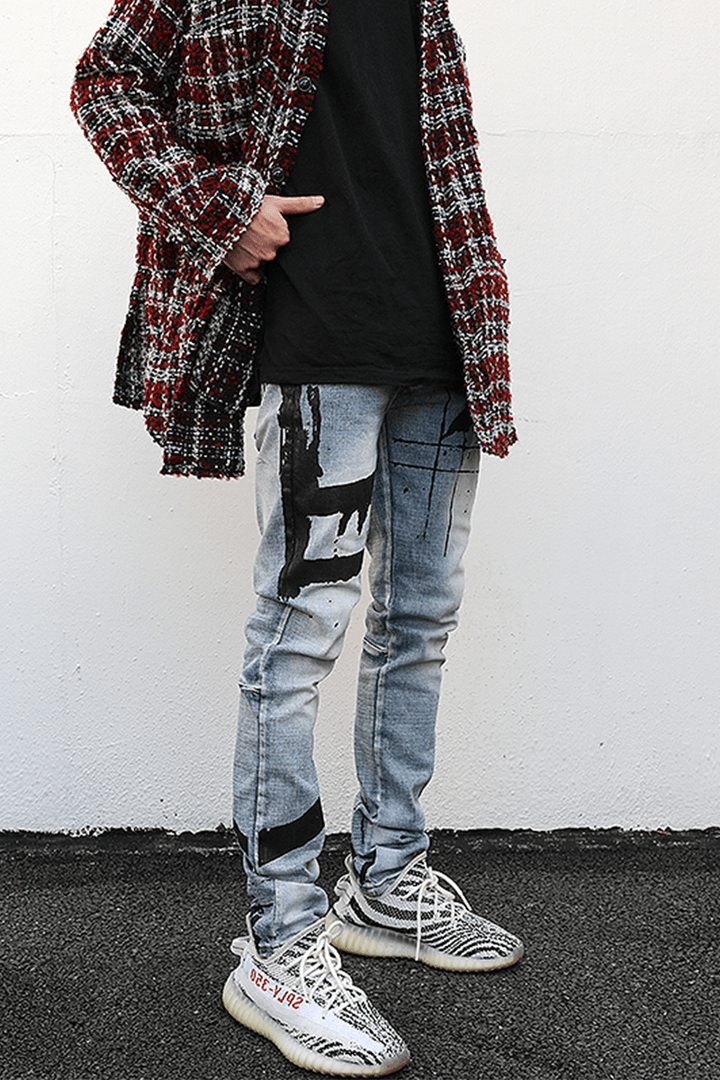 Graffiti Printed Washed and Distressed Slim-Fit Jeans with Small Feet