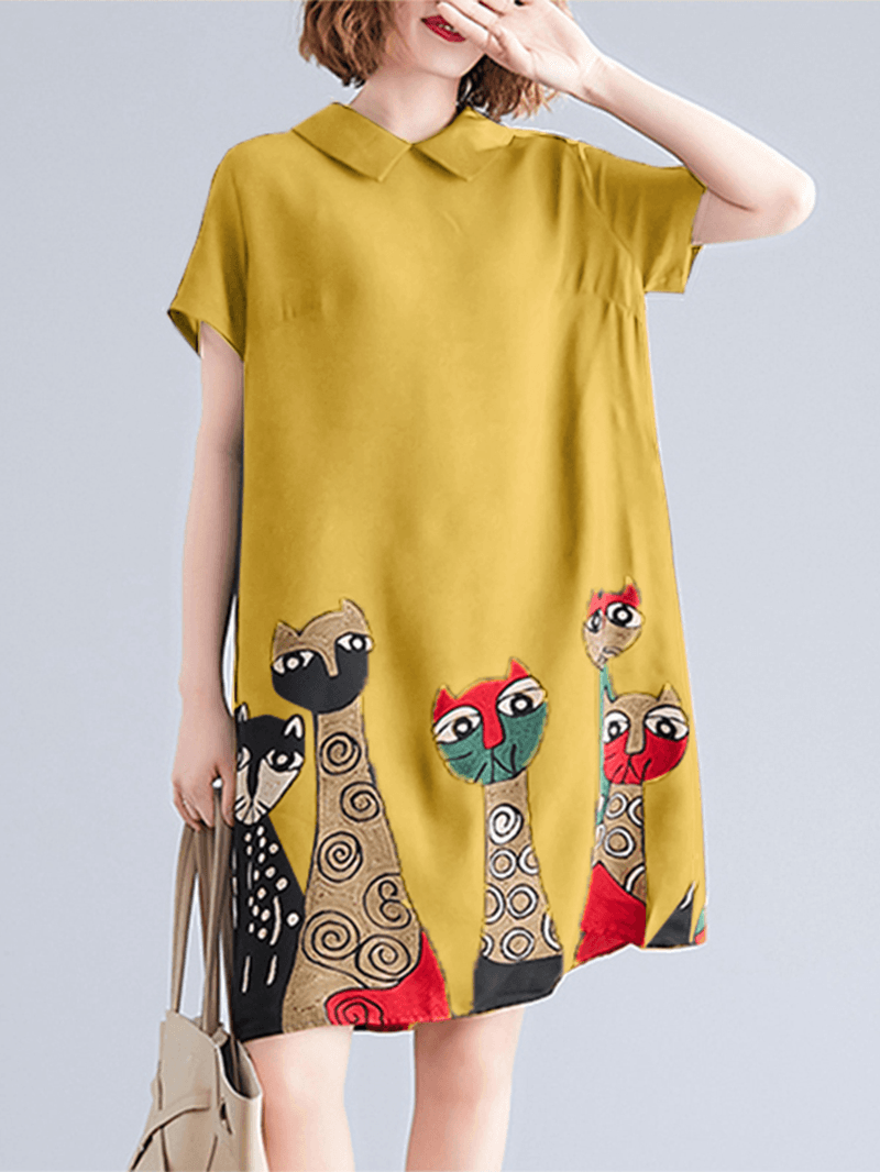 Short Sleeve Lapel Loose Back Button Animal Printed Dress for Women