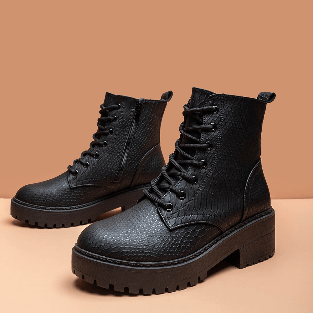 Women Wearable Serpentine Lace up Chunky Heel Combat Boots