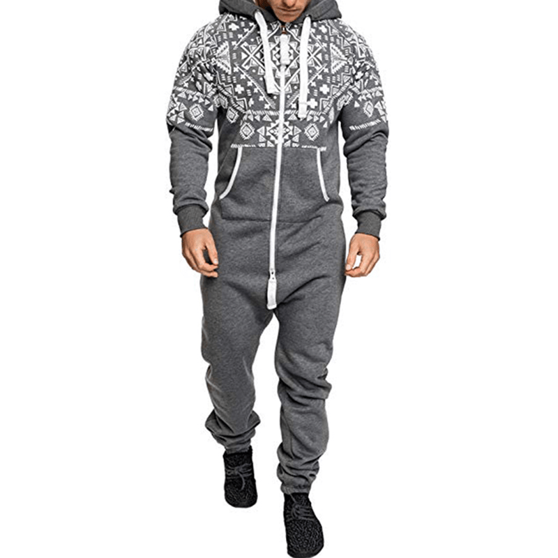 Mens Casual Hooded Loungewear Pure Color Siamese Jumpsuit