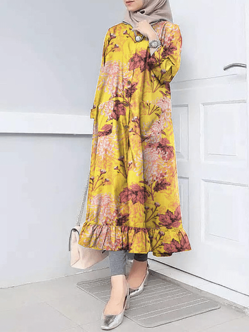 Women Flora Print Ruff Hem O-Neck Casual Bohemian Abaya Kaftan Shirt Dress with Pocket