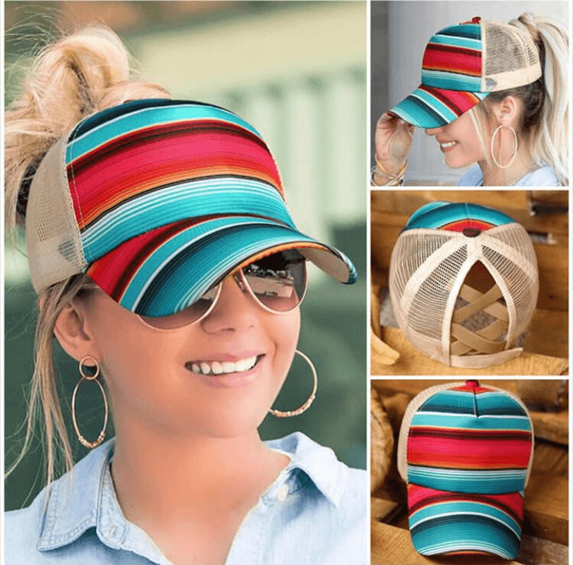 European and American Sunflower Print Baseball Cap, Back Cross Ponytail Cap, Color Striped Sunscreen Mesh Cap