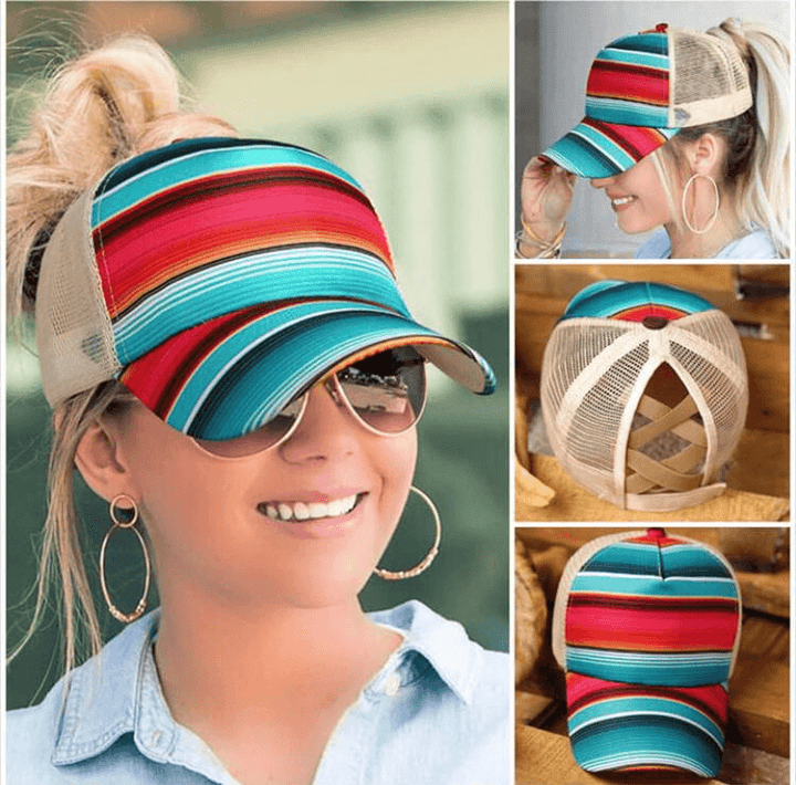 European and American Sunflower Print Baseball Cap, Back Cross Ponytail Cap, Color Striped Sunscreen Mesh Cap