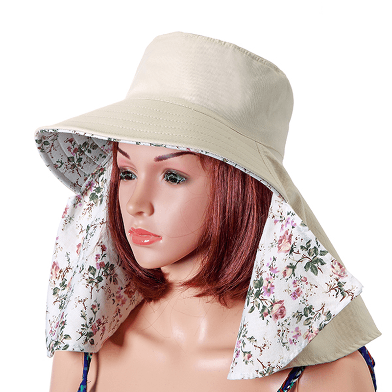 Women Face Neck Protection Wide Brim Beach Hat Double-Side Flower Print Outdoor Gardening Caps - MRSLM