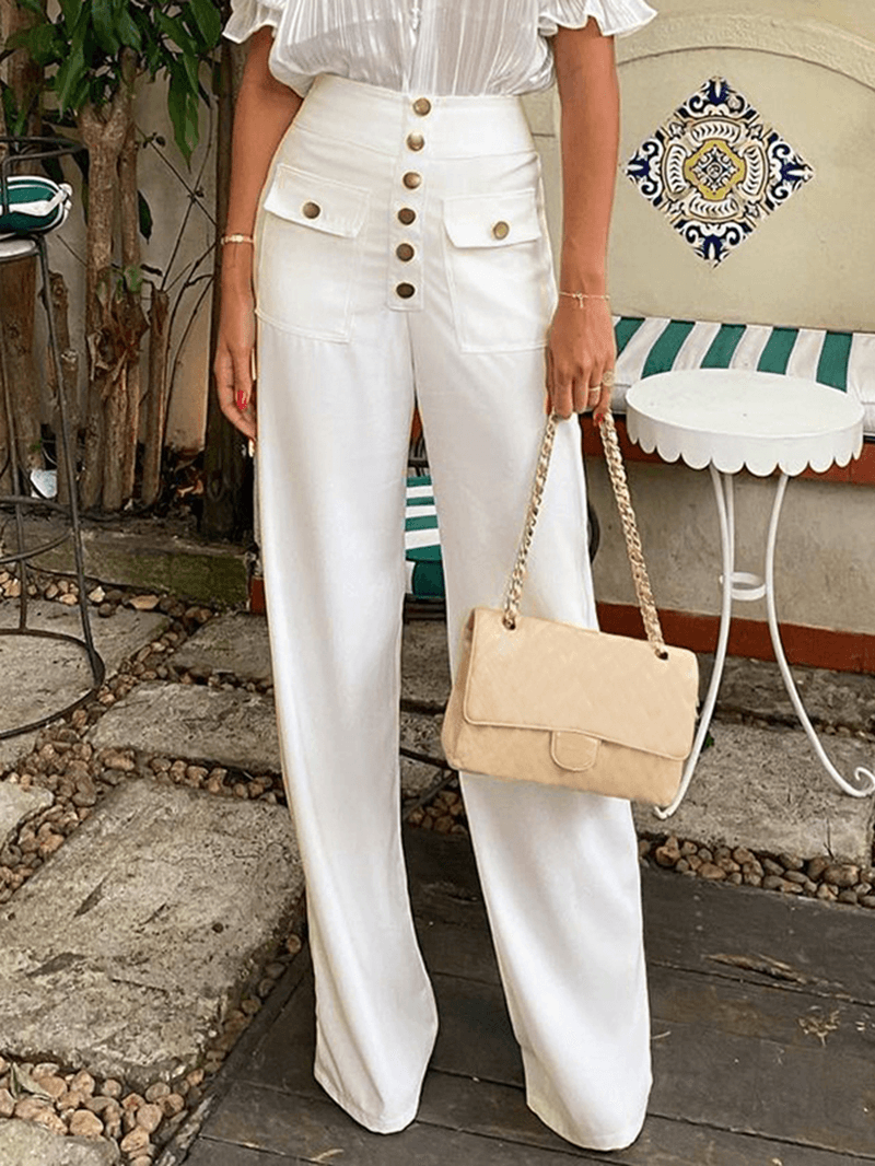 Casual Solid Color High Waist Buttons Zipper Wide Leg Pants for Women - MRSLM