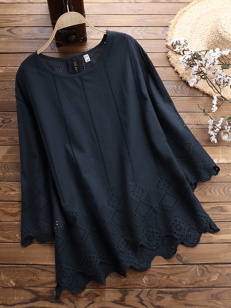 Women Casual Loose Solid Embroidered Blouse - MRSLM