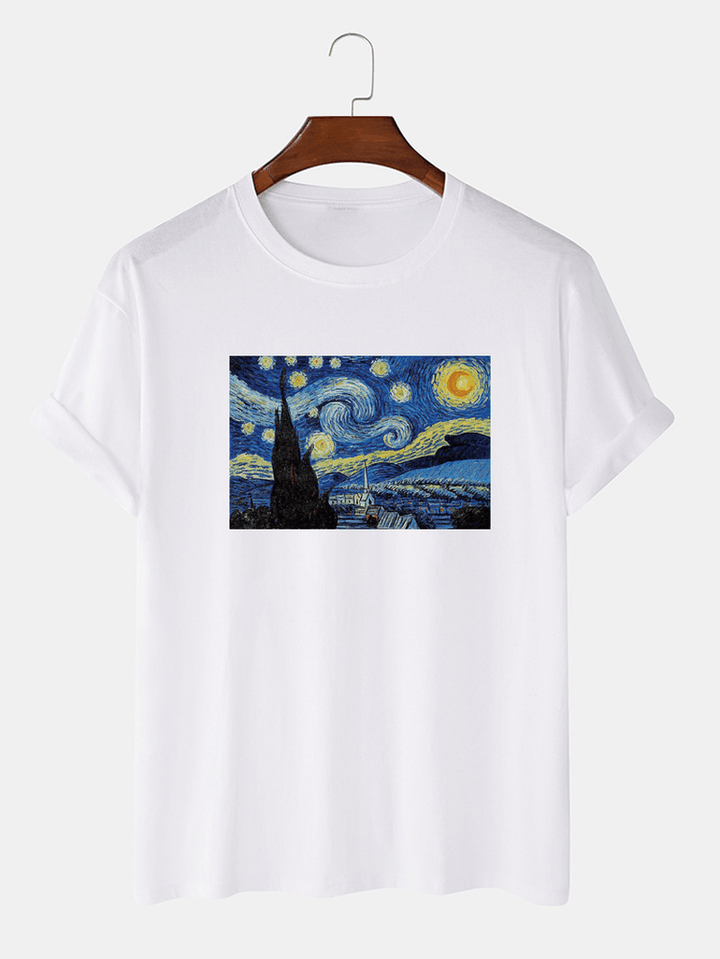 Mens Van Gogh Starry Sky Oil Painting 100% Cotton Short Sleeve Designer T-Shirts