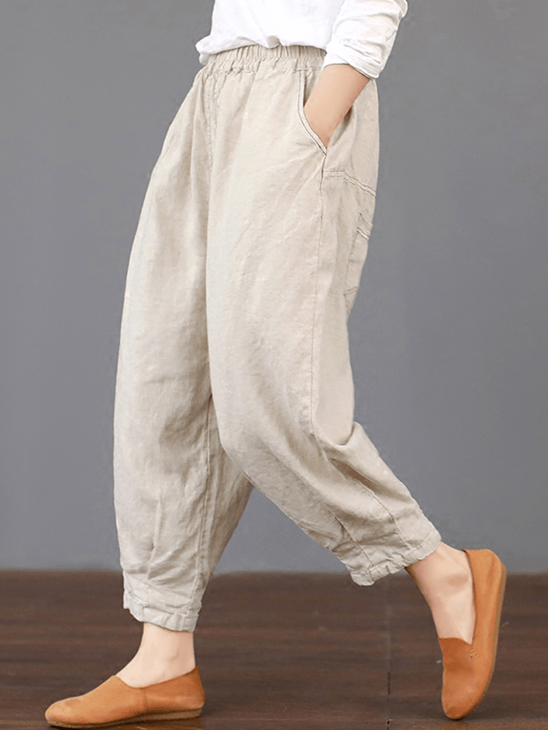 Women Solid Color Elastic Waist Loose Cotton Pants