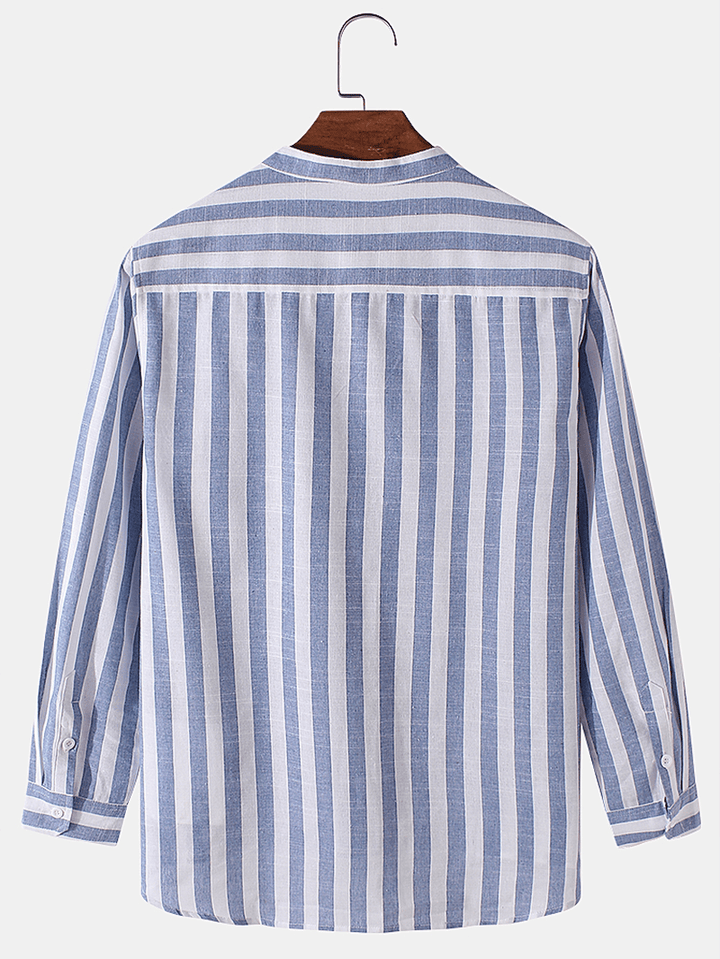 Mens Basic Striped Cotton High Low Hem Stand Collar Casual Long Sleeve Henley Shirts