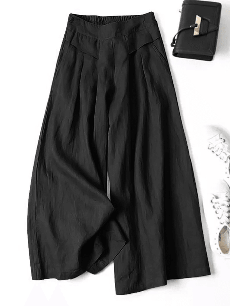 Women 100% Cotton Wide Leg Side Pockets Solid Color Ankle Length Elastic Waist Pants