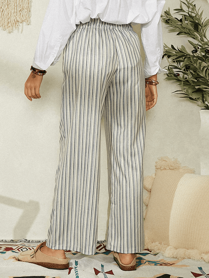 Women Classic Striped Print Elasitc Waist Button Detail Casual Pants with Pockets