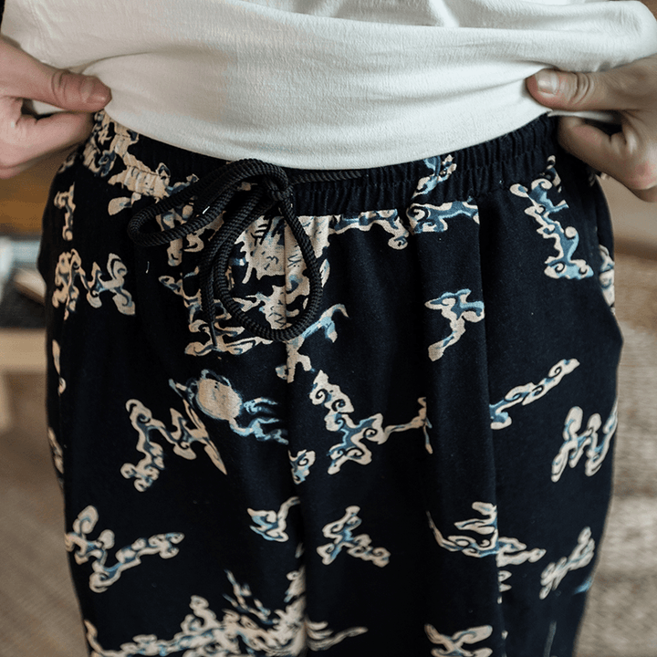 Mens Summer Chinese Style Linen Printing Calf Pants