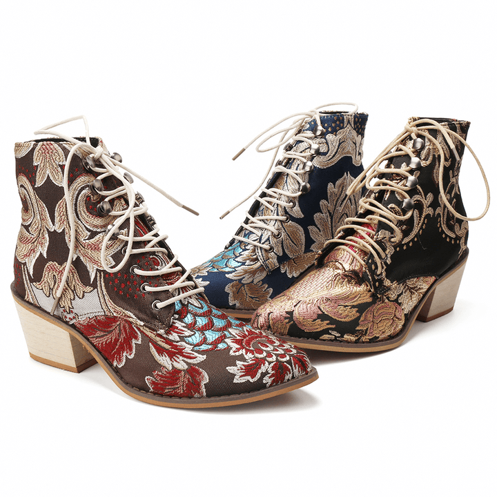 Women Pointed Toe Embroideried Lace up Block Boots