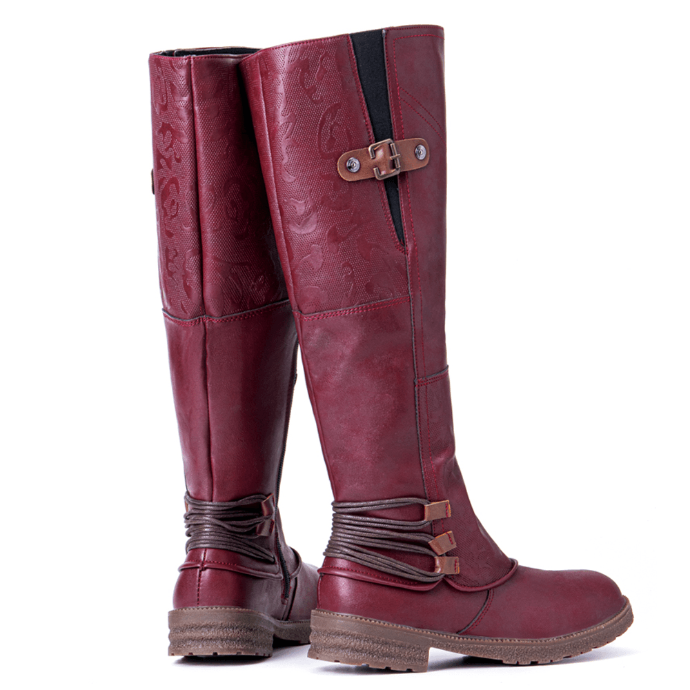 Women Metal Buckle Decor Slip on Mid Calf Riding Boots