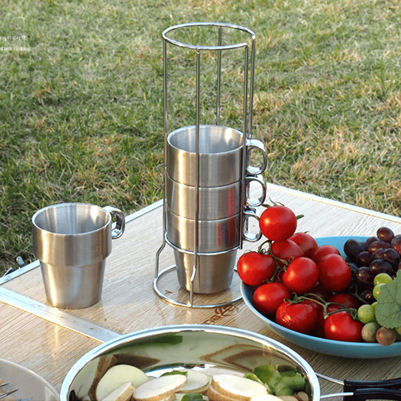 4 PCS Outdoor Portable Picnic Cups Stainless Steel Drinking Mugs Anti-Hot Tea Coffee Cup Set