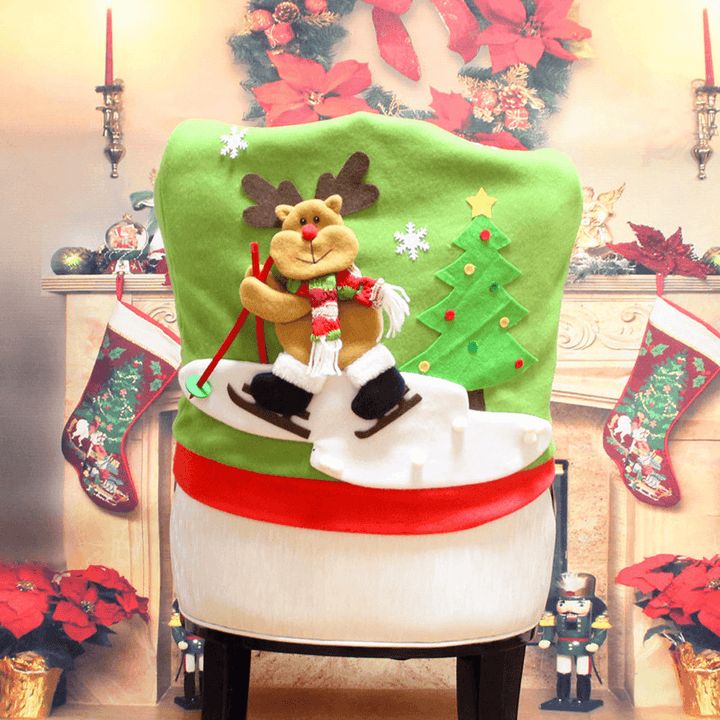 Christmas Chair Cover Cartoon Christmas Santa Claus Chair Back Cover Snowman Elk Ski Dinner Table Party Decorations