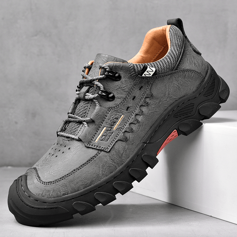 Men Genuine Leather Slip Resistant Lace-Up Casual Sport Hiking Shoes