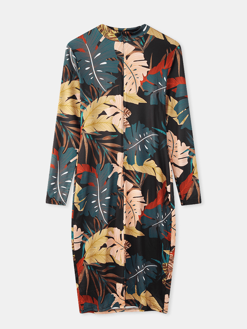 Women Plant Leaves Print Long Sleeve Zipper Elegant Midi Dress