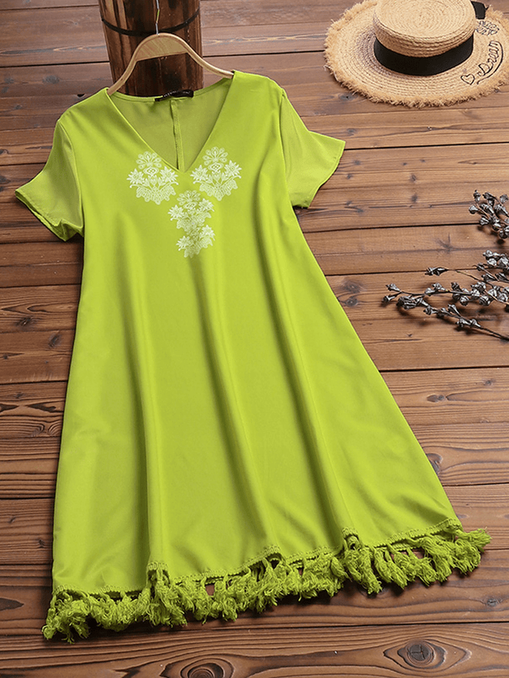 Women Short Sleeve Tassel Patchwork Casual Dress