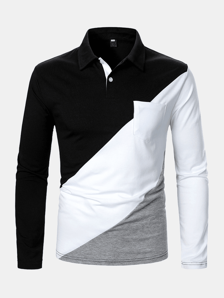 Mens Tricolor Patchwork Long Sleeve Golf Shirts with Chest Pocket