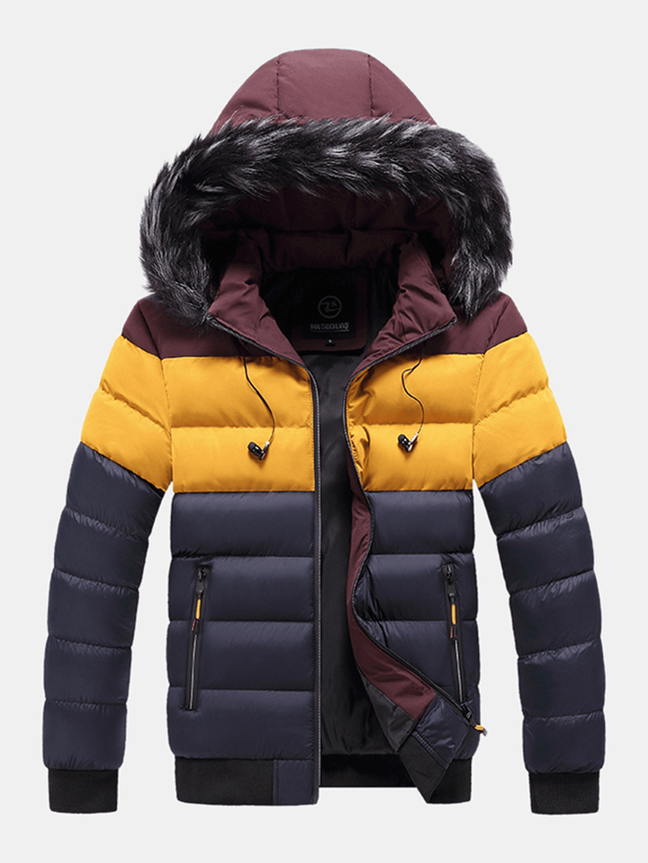 Mens Color Block Patchwork Thick Faux Fur Hooded Puffer Jacket with Pocket - MRSLM