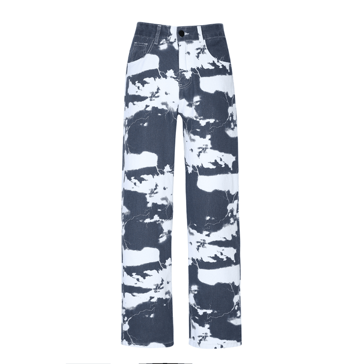 European and American Trend High Street Washed Tie-Dye Printed Denim Trousers for Men