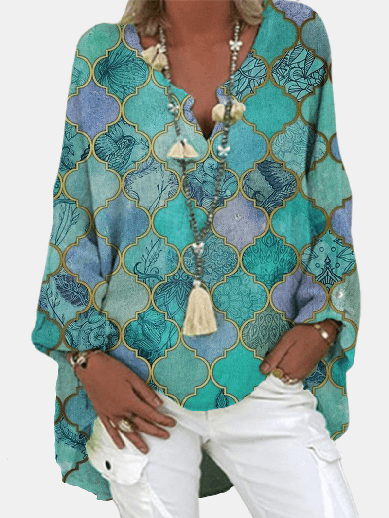 Women Geometric Mixed Print Long Sleeve Vintage V-Neck Casual Blouse