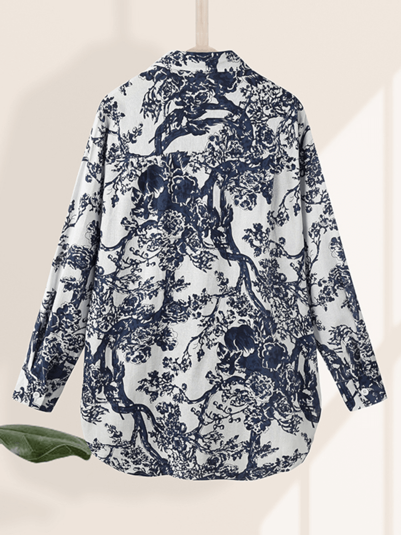 Women Floral Print Lapel Collar High Low Split Hem Long Sleeve Casual Shirts