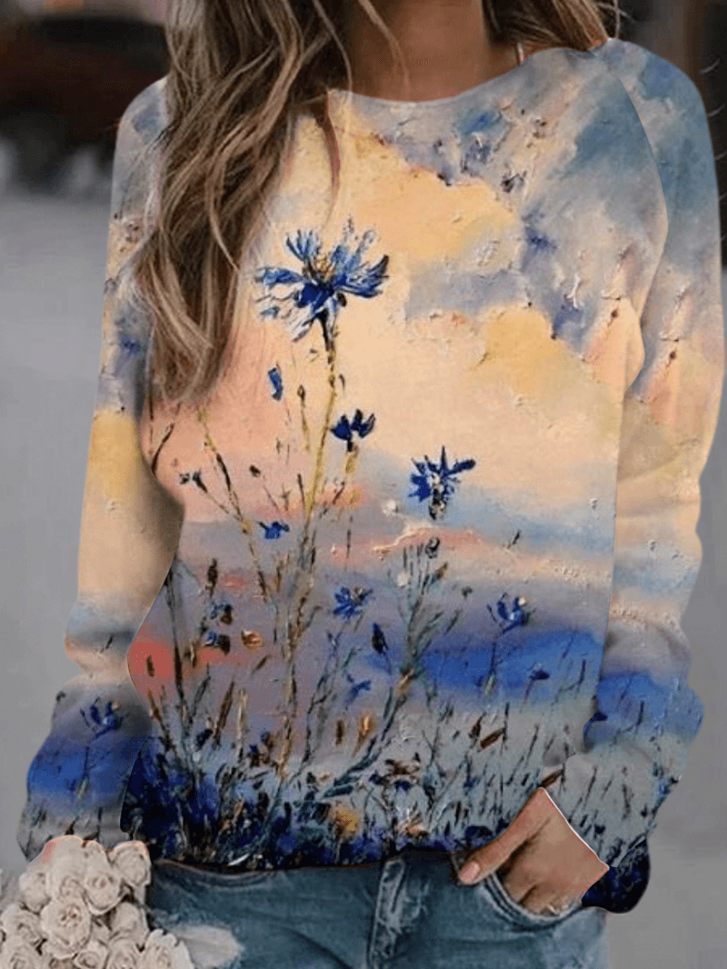 Women Floral Sky Landscape Print Long Sleeve Blouses