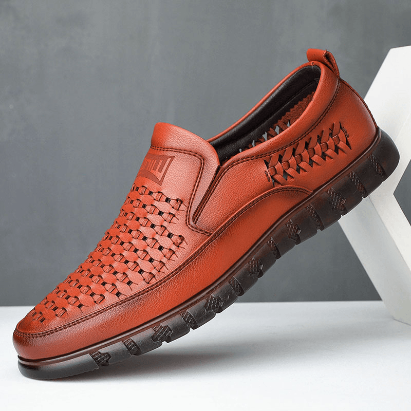 Men Microfiber Breathable Hollow Out Woven Soft Sole Comfy Slip on Casual Shoes