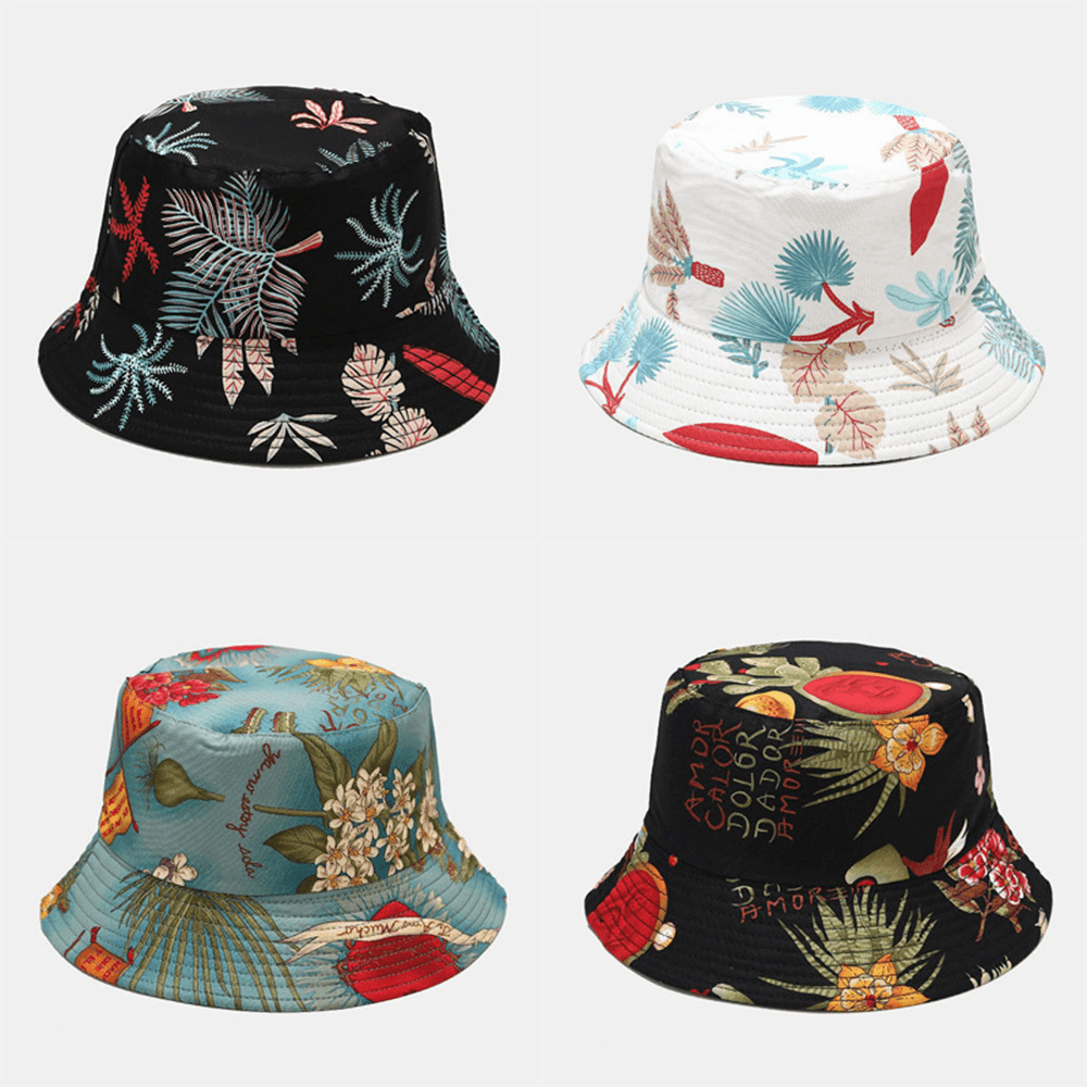 Women Double-Sided Summer UV Protection Marine Plant Pattern Casual Simple Sun Hat Bucket Hat