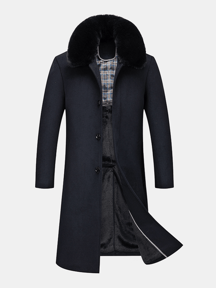 Mens Woolen Removable Collar Thicken Business Mid-Length Warm Overcoat