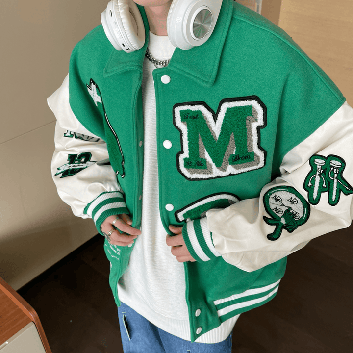 Contrasting Design Letter Embroidery Woolen Jacket Men