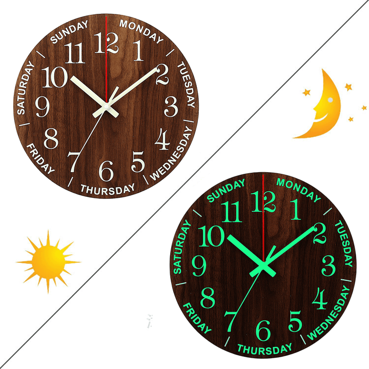 12 Inch Luminous Wall Clock Wooden Silent Non-Ticking Clock with Night Light